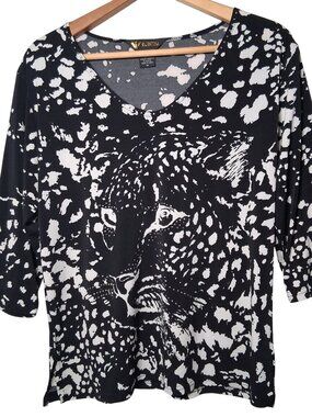 Vintage Y2K Valentina Shirt M Cheetah Cat Studded Stretch Black Animal Face